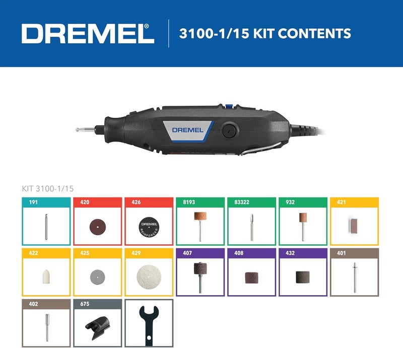 DREMEL 3100-1/15 Variable Speed Rotary Tool Kit- 1 Attachment and 15 Accessories, Ideal for a Variety of Crafting and DIY Projects- Cutting, Sanding, Grinding, Polishing, Drilling, and Engraving - Image 2